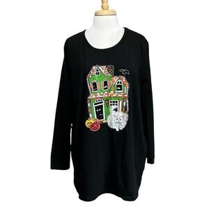 Halloween Haunted House Cat Pumpkins Black Long Sleeve Shirt Womens 2XL